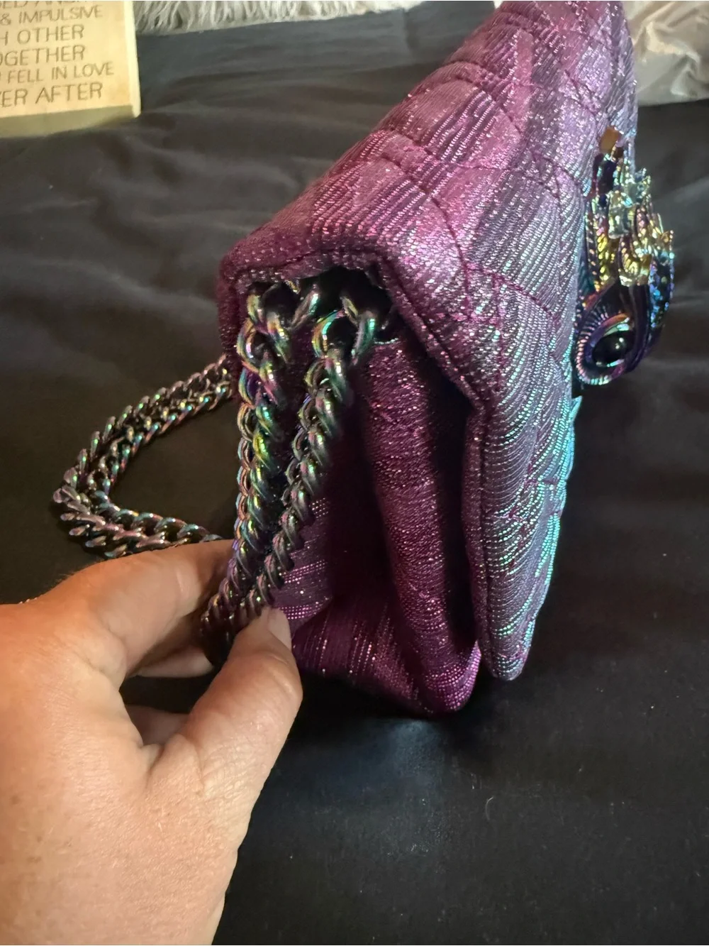 Kurt Geiger Iridescent Purple Quilted Crossbody with Bird Clasp